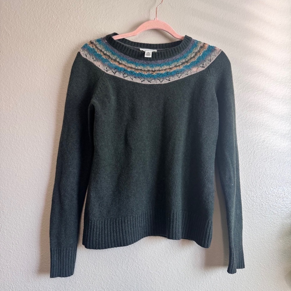 LOFT WOOL Womens Dark Green Fair Isle Yoke Sweater